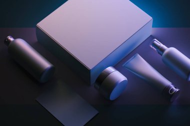 Krem, jel, losyon için Kozmetik Şişe Seti. Güzellik ürün paketi, plastik kapların boş şablonları. 3d render.
