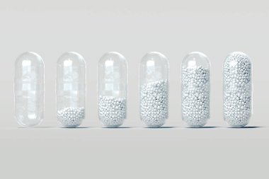 Hafif arka planda şeffaf haplar ilaç yakın çekim, 3d render.