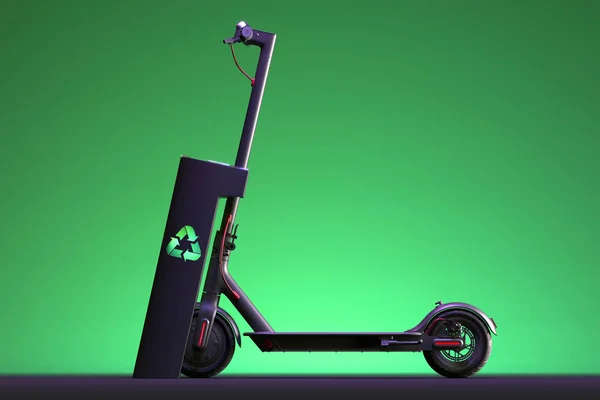 Electric scooter with electric charger. eco alternative transport concept. 3d rendering. Side view. Minimalism. — Stock Photo, Image