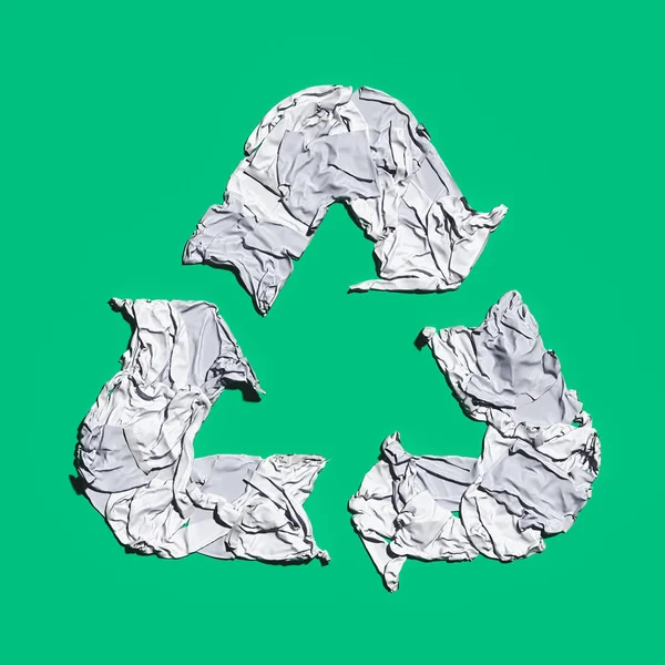 white recycling sign made from cloth on green background. Eco environment protection concept. 3d rendering.