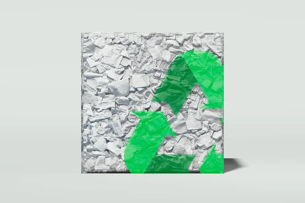 Cartel de reciclaje verde en caja transparente para basura de plástico aislada sobre fondo blanco. renderizado 3d . — Foto de Stock