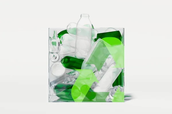 Groene recycling teken op transparante doos voor plastic prullenbak. Milieubescherming concept. 3D-rendering. — Stockfoto