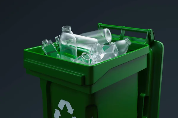 Green trash Dumpster voor kunststof met wit recycling symbool op zwarte achtergrond. 3D-rendering — Stockfoto