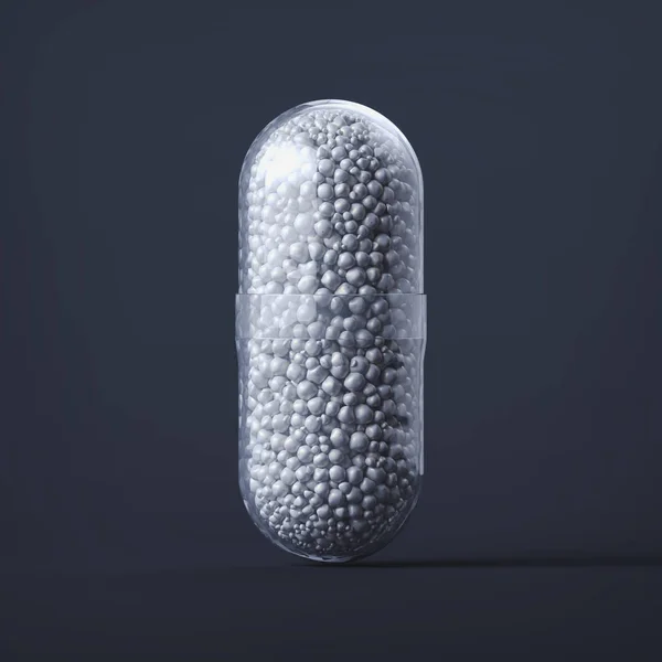 Nahaufnahme von transparenter Pillenmedizin auf schwarzem Hintergrund, 3D-Darstellung. — Stockfoto