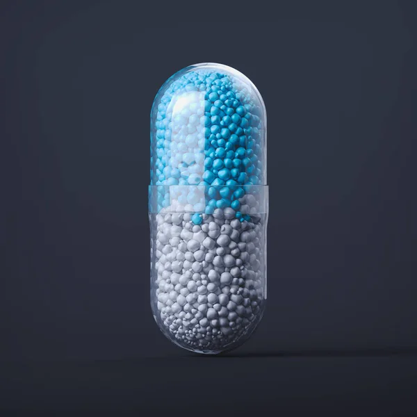 Close-up de medicina pílula transparente em fundo preto, renderização 3d . — Fotografia de Stock