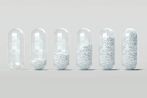 Uzavření průhledných léků na pozadí světla, prostorové vykreslování. — Stock fotografie