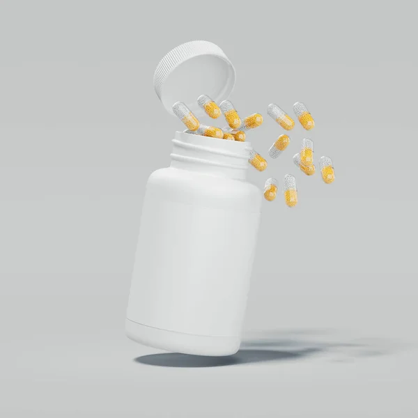 Close up of white bottle medicine with spilling pills on light background, 3d rendering. — Stock Photo, Image