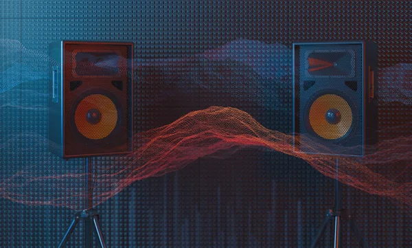 Μουσική αφηρημένο με πολύχρωμα δυναμικά κύματα και μεγάφωνα. Πρότυπο κυμάτων ήχου. ισοσταθμιστή μουσικής. απόδοση 3D — Φωτογραφία Αρχείου
