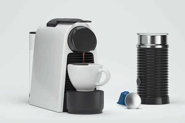 Espresso kaffe kapslar maskin i processen för att göra färskt kaffe. 3D-rendering. — Stockfoto