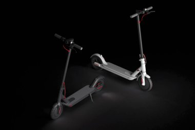 Siyah arka planda elektrikli siyah beyaz scooterlar. eko alternatif ulaşım kavramı. 3d render. Minimalizm.