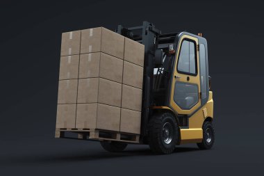 Forklift kargo taşıyor. Forklift yükleyici. Palet istifleyici kamyon ekipmanları depoda. 3d render.