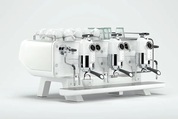 그 위에 커피 머신과 흰색 커피 컵. 3D 렌더링. 아침 식사 시간. — 스톡 사진