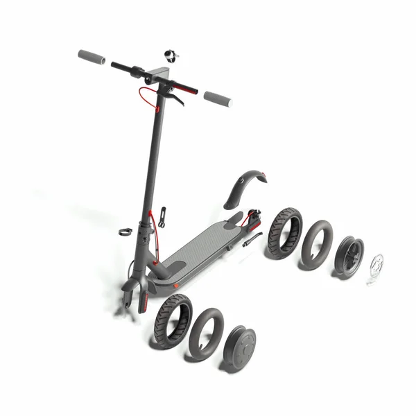 Details van elektrische scooter geïsoleerd op witte achtergrond. Eco Alternative transport concept. 3D-rendering. — Stockfoto