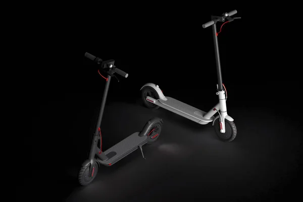 Scooters électriques noir et blanc sur fond noir. concept de transport écologique alternatif. Rendement 3D. Minimalisme . — Photo
