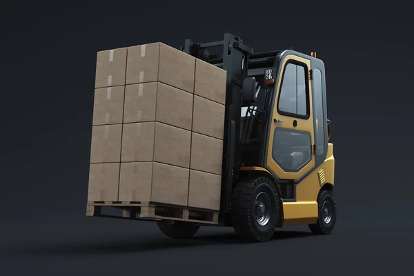 Gaffeltruck transporterar Last. Gaffeltruck lastare. Pallstaplare lastbilsutrustning på lager. 3D-rendering. — Stockfoto