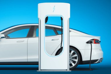 Elektrikli araba şarj istasyonunun yanındaki elektrikli beyaz modern araba. Güç kaynağı bir araca takıldı. 3d oluşturma.