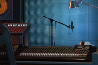 Studio Computer Music Station kuruldu. Profesyonel ses karıştırma konsolu. 3d render.