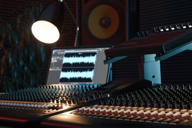 Studio Computer Music Station kuruldu. Profesyonel ses karıştırma konsolu. 3d render.