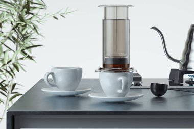 Modern kahve makinesinde, beyaz kahve fincanının yanında yeni hazırlanmış sade kahve. Alternatif demleme. 3d oluşturma