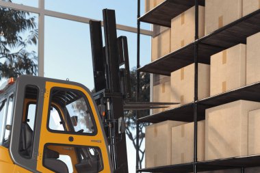 Kargoyu depoya taşıyacak forklift. Depodaki forklift yükleyicisi. Palet istifleyici kamyon ekipmanı. 3d oluşturma.