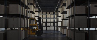 Kargoyu depoya taşıyacak forklift. Depodaki forklift yükleyicisi. Palet istifleyici kamyon ekipmanı. 3d oluşturma.