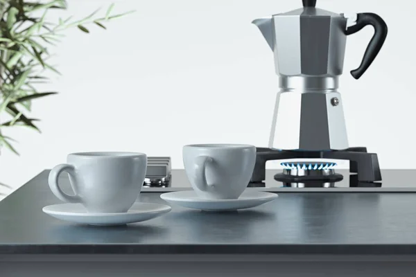 Panela de moka prata com xícaras de café branco em primeiro plano. Renderização 3d . — Fotografia de Stock