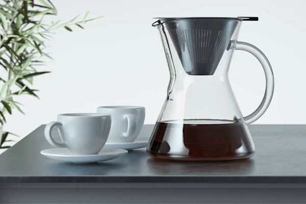 Čerstvě připravená černá káva ve skleněném kávovaru v blízkosti bílého šálku kávy. Alternativní vaření. 3D vykreslování — Stock fotografie