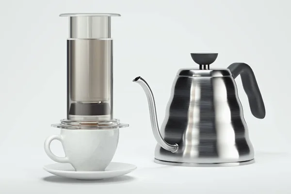 Čerstvě připravená černá káva v moderním šedém přístroji v blízkosti bílého šálku kávy. Alternativní vaření. 3D vykreslování — Stock fotografie