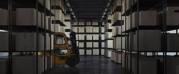 Carrelli elevatori che trasportano merci al magazzino. Caricatore per carrelli elevatori nel magazzino. Attrezzatura per transpallet. rendering 3d . — Foto Stock