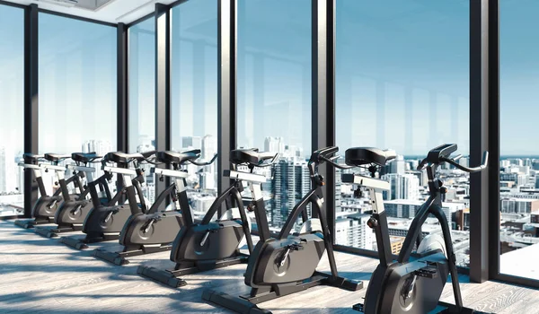 Nowoczesna siłownia z rowerami treningowymi w pobliżu dużych panoramicznych okien w drapaczu chmur, renderowanie 3D. — Zdjęcie stockowe