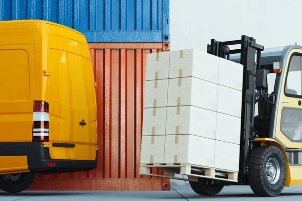 Vorkheftruck die vracht vervoert bij magazijn docker.loader bij magazijn. Uitrusting voor palletstapelaars. 3d destructie. — Stockfoto