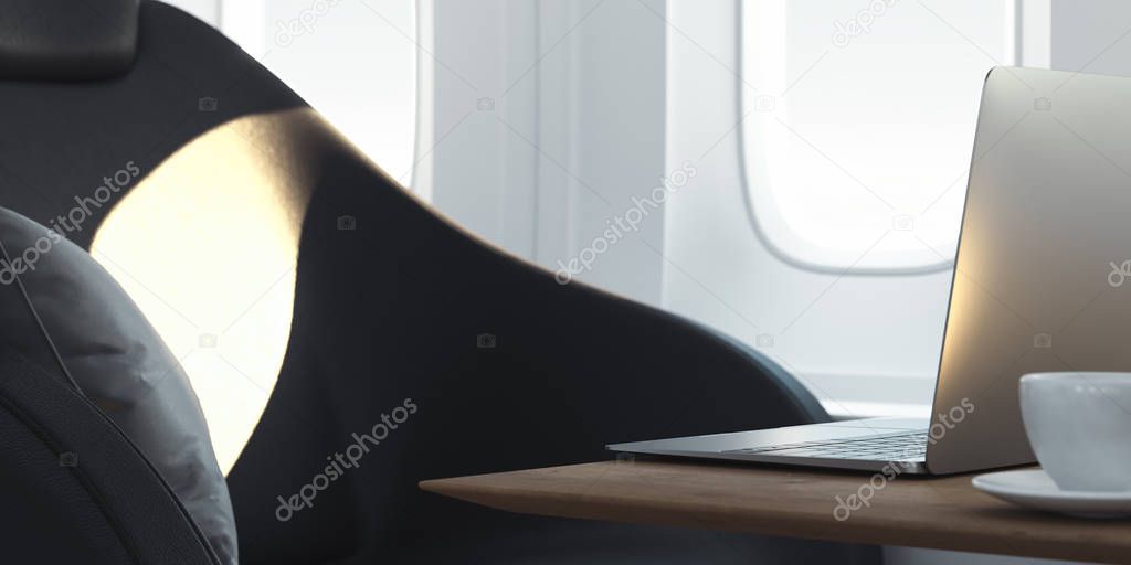Modern laptop in airplane interior with window on background. 3d rendering.