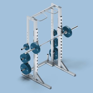 Açık mavi arka planda beyaz ve mavi gecekondu çerçevesi. Egzersiz bisikleti. Spor, spor, sağlıklı yaşam tarzı ve vücut geliştirme. Minimalizm kavramı. 3d Hazırlama