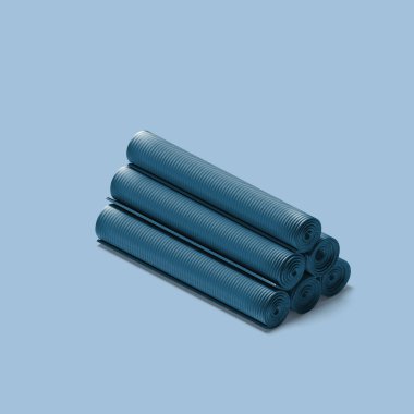 Mavi Arkaplanda Mavi Yuvarlak Yoga ya da Fitness Mat seti. Minimalizm. Zen ve Denge. Spor Malzemeleri. 3d Hazırlama
