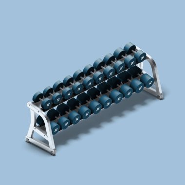 Mavi Arkaplanda Metal Dambıllar. Dambıllar Rafta. Ağırlık Antrenmanı Ekipmanı. Dambıl sırası. 3d Hazırlama