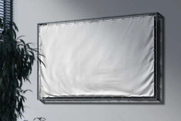 Макияж горизонтального прямоугольного плаката, печать винилового плаката на яркой стене в офисе. Скопируй пространство. Пустое пространство. Время дня. 3d-рендеринг — стоковое фото