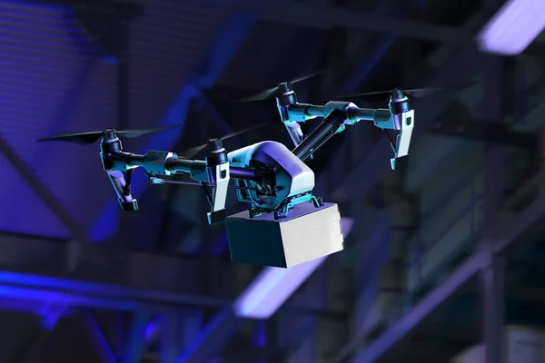 Drone Delivering Box to Buyer From Warehouse at Night Time. Contactless Delivery by Quadcopter. Online Shopping. 3d rendering — Stock Photo, Image