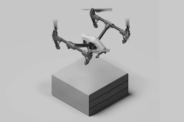 Szary dron z kartonowymi pudełkami na jasnym monochromatycznym tle. Quadcopter z pilotem zdalnego sterowania. 3d renderowanie — Zdjęcie stockowe