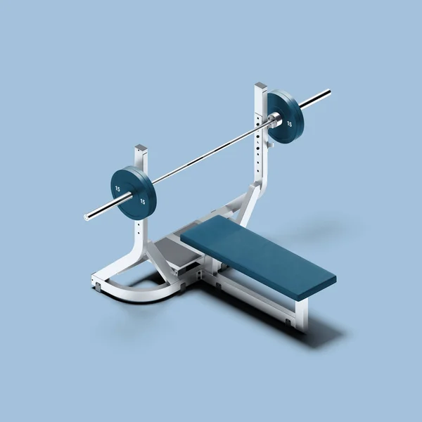 White And Blue Gym Barbell Bench Press On Blue Background. Sport, Fitness, Healthy Lifestyle and Bodybuilding. Minimalism Concept. 3d Rendering — Stock Photo, Image