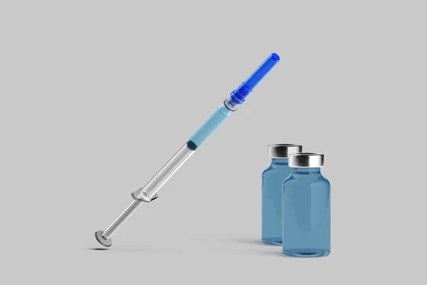 浅蓝色液体含量和注射器的玻璃疫苗盒。浅灰背景的药物或美容产品.3D渲染 — 图库照片