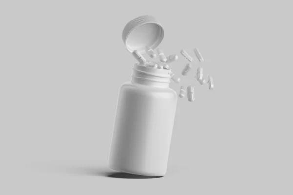 Píldoras blancas que se derraman de la botella blanca en blanco con la medicina en el fondo brillante, espacio de copia. Espacio vacío. renderizado 3d — Foto de Stock