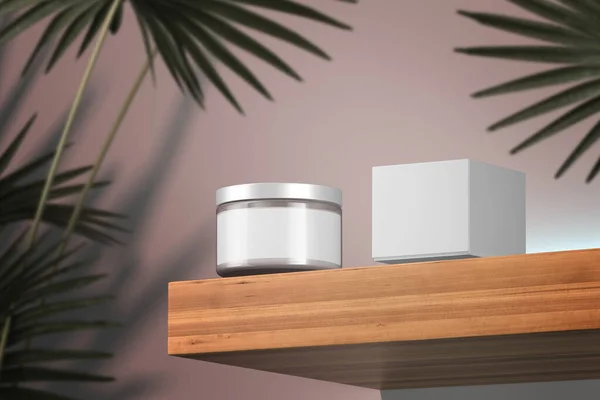 Kaca Jar untuk Cairan, Krim, Gel, Mask Near Cardboard Box On Wooden Shelf Near Tropical Plant. Paket Produk Kecantikan, Templat Kosmetik Kosmetik Kosmetik. Rendering 3d — Stok Foto