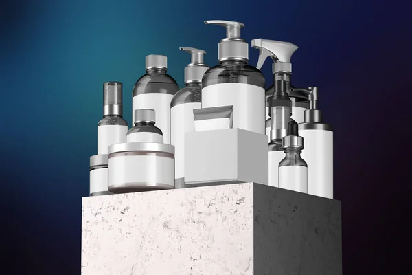 Set de botellas cosméticas para líquidos, crema, gel, máscara, loción, aceite cerca de la caja de cartón en el escaparate de piedra y fondo azul. Plantilla en blanco de contenedores cosméticos. renderizado 3d — Foto de Stock