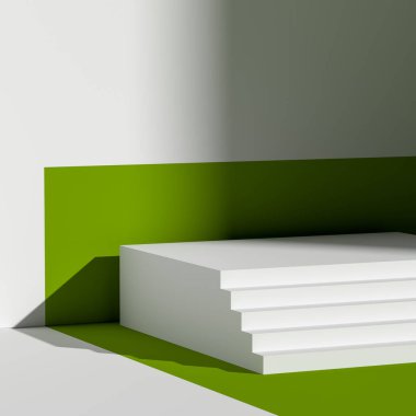 Beyaz Merdivenler, Beyaz Duvar 'ın yakınındaki Yeşil Arkaplanda Boş Alan' ı gösteriyor. 3D görüntüleme. Minimalizm kavramı. Boşluğu Kopyala.