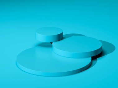 Mavi Arkaplanda Boş Alan olan Üç Mavi Boş Yuvarlak Şov. 3D görüntüleme. Minimalizm kavramı. Boşluğu Kopyala