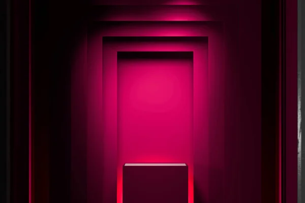 Roze rechthoekige vitrine met lege ruimte op sokkel in de buurt van roze geometrische boog verlicht door zoeklicht. Begrepen Ruimte. Lege ruimte. 3d destructie — Stockfoto