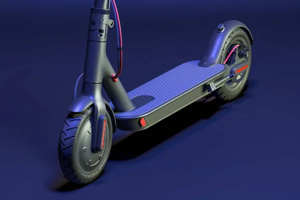 Närbild av elektriska svarta skoter hjul på svart bakgrund belyst av blå neon ljus. 3D-återgivning. Minimalism. Framifrån — Stockfoto