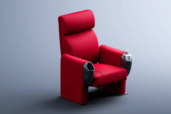 Cinema Red Cozy Armchair With Comfortable Elbows on Monochrome Gray Background. Online Cinema Concept. 3d Rendering — Stock Photo, Image