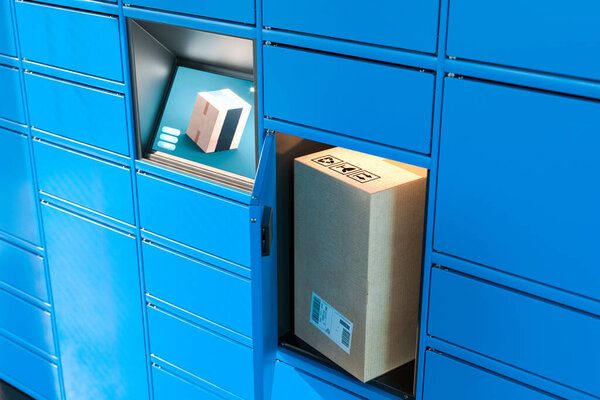 Close up Of Light Blue Self-Service Post Terminal Machine With Touchscreen Monitor and Open Locker With Parcel Inside. Parcel In Cardboard Package. 3d rendering