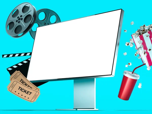 White Blank PC Monitor mit Kopierraum in der Nähe schwebender Popcorn-Schüssel, Tasse zum Mitnehmen, Tickets, Filmrolle und Filmklapper auf hellblauem Hintergrund. Online-Kino-App. 3D-Darstellung — Stockfoto
